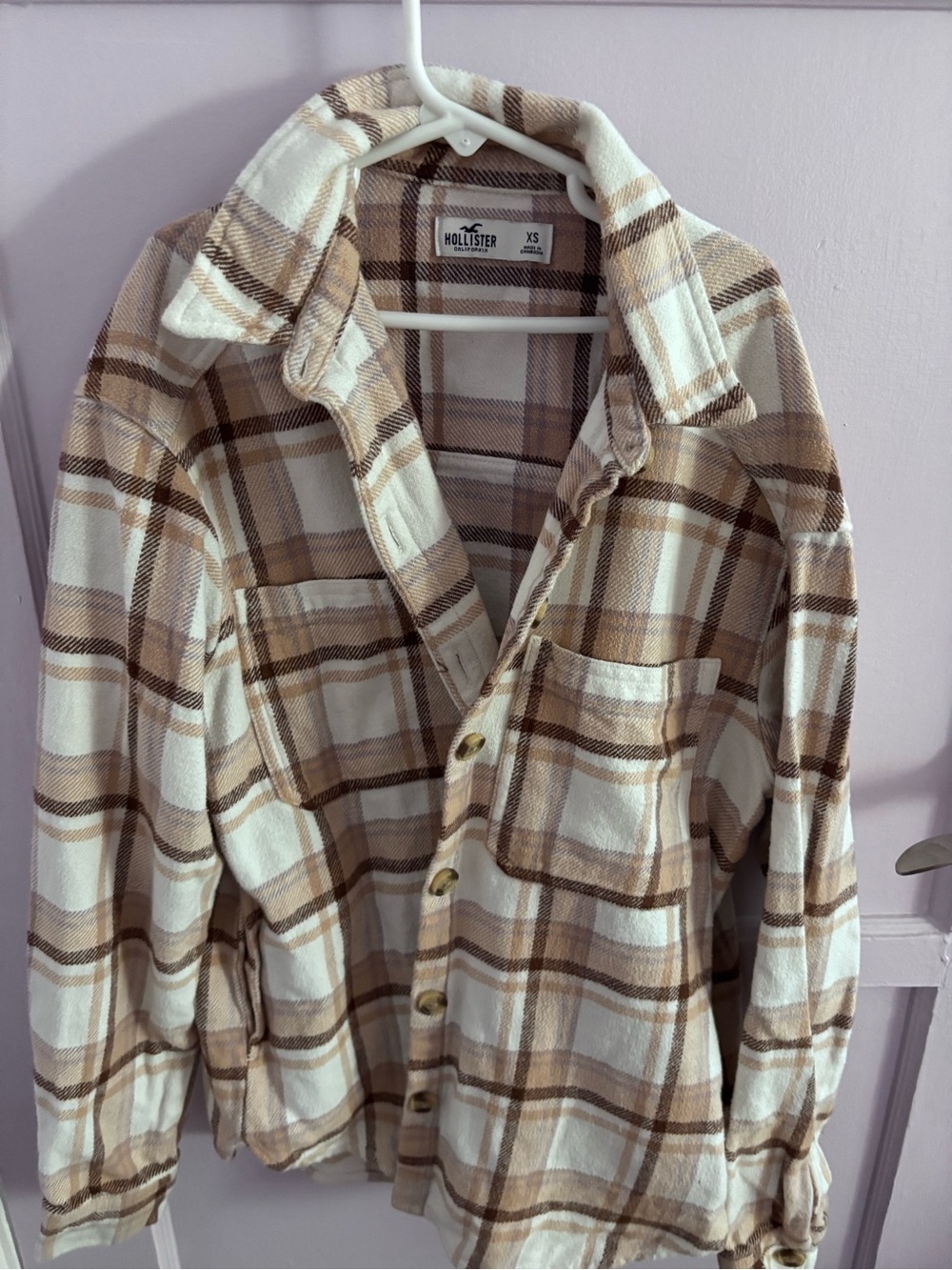 Hollister Cream, Brown & Tan Plaid Flannel Button-Up